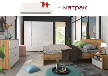 Спален комплект Zele + МАТРАК 160x200 дъб вотан - бял лак